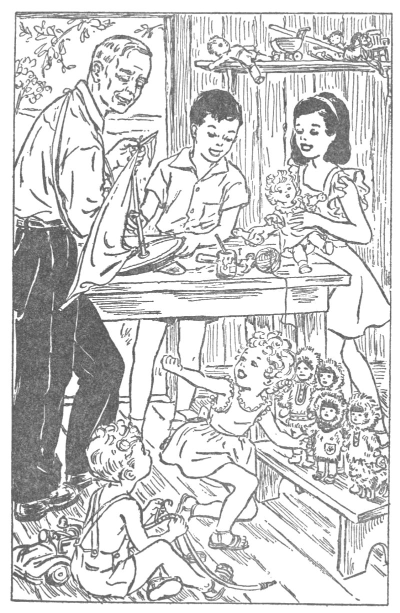 Scene in a toy shop with an older man and a group of children surrounded by toys