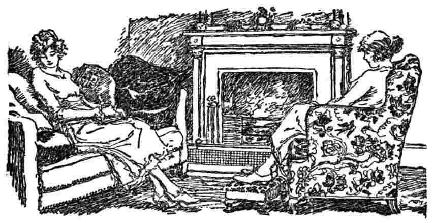 Two women sit beside fireplace