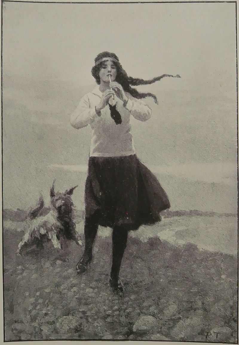 Girl dressed in school clothes playing a fife with dog prancing in background