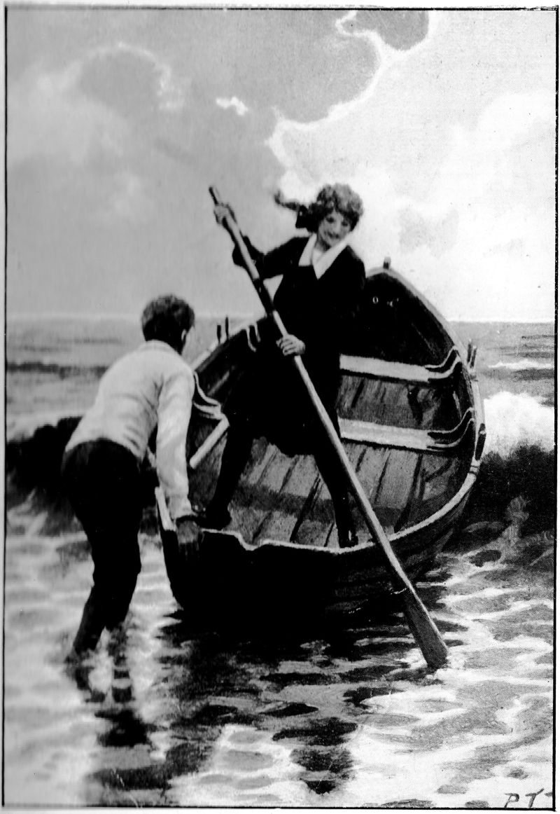 Girl in school clothing in a row boat pushing with oar, while a boy is in the water shoving the boat in