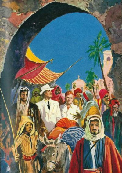 Ginger and Biggles dressed in white suits surrounded by turbaned Arabs under an arch.
