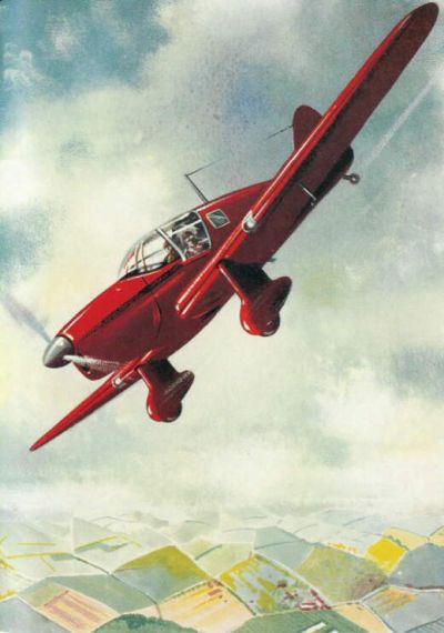A red Proctor aircraft flying over rolling hills, some with red stripes