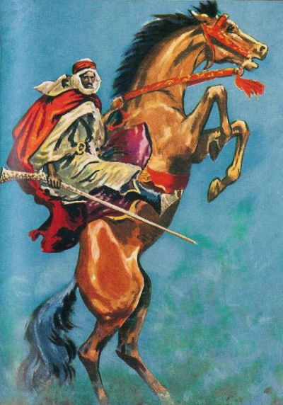Arab horeseman holding gun reining horse on hind legs