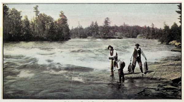 3 fishermen on shore; one carrying many fish, other 2 pulling a fish on the line