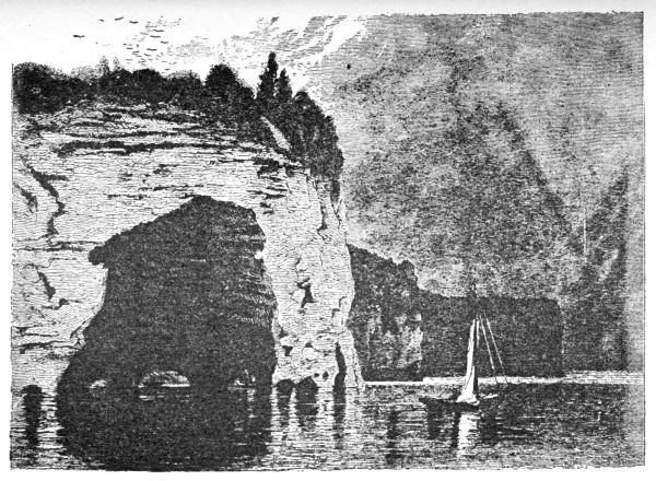line drawing of arch and sailboat