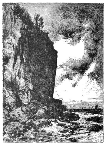 line drawing of sheer wall of rock on waters’ edge