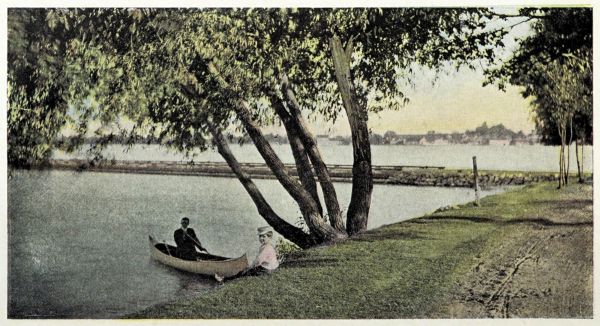 man in canoe pulled up to shore under tree