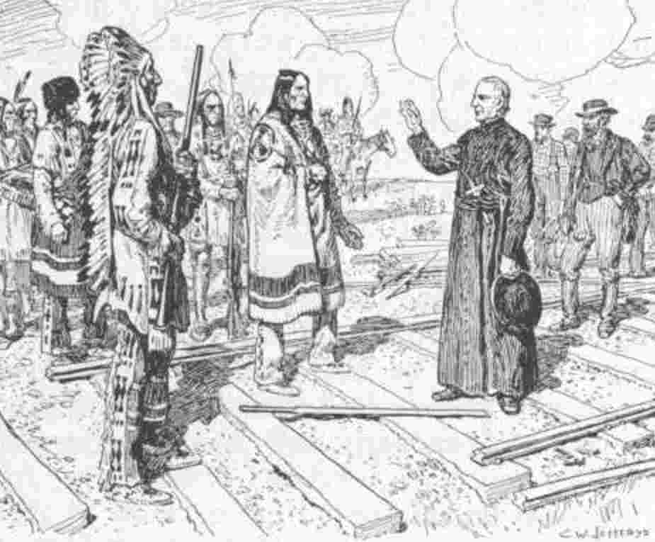 Father Lacombe greets natives on railroad tracks.