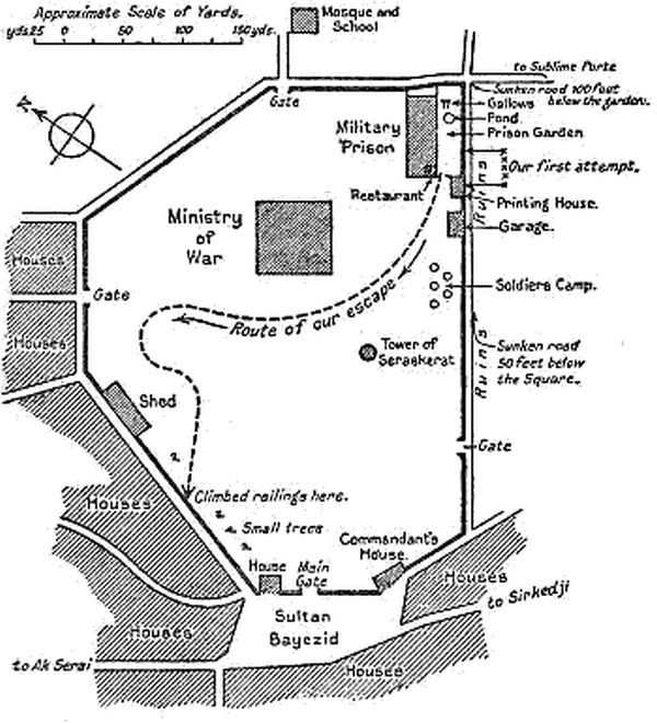 drawing of escape route from military prison to exterior wall of Ministry of War compound