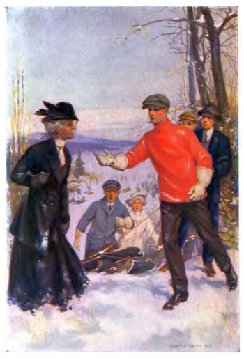 Miss Bypath dressed all in black standing in snow with tall boy in orange sweater extending hand to her