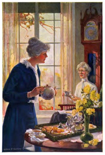 Victoria in blue dress holding teapot over a table of savories and older seated lady at the window holding a teacup