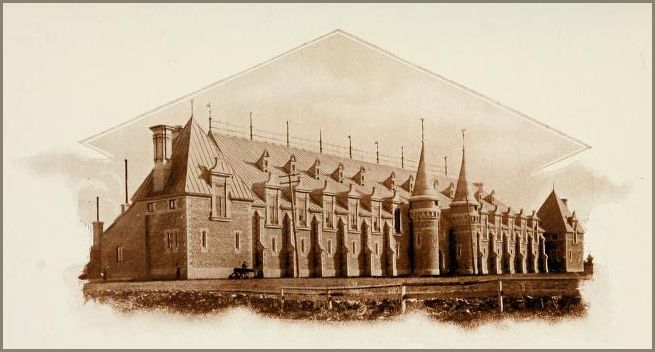 Image of a grand fortress-like building with pointed towers, steep roofs, and Gothic architectual detailing.