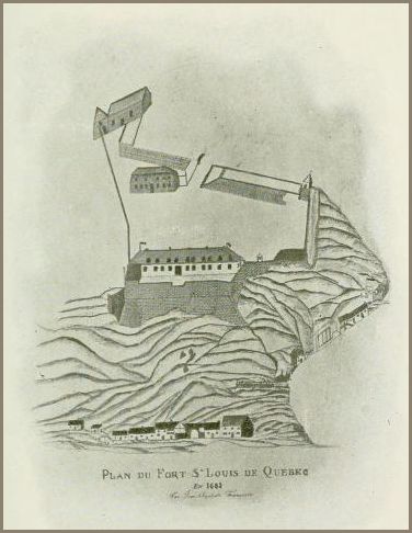 A drawing showing a 1663 plan of Fort St. Louis in Quebec, with its hilltop fortifications and surrounding terrain. Drawn by Jean Baptiste Franquelin.
