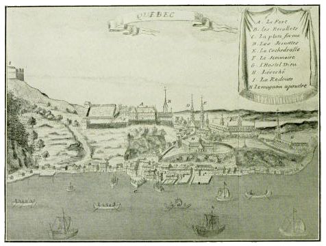 Images shows a panoramic view of early Quebec, showing its harbor, hillside fortifications and numbered landmarks. A list of the numbered landmarks is located on the top right of the image.