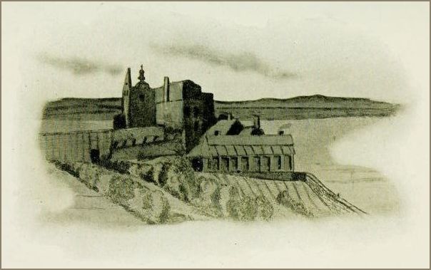 Image of a castle-like hilltop structure with tall towers and spires overlooking cultivated slopes and distant hills.