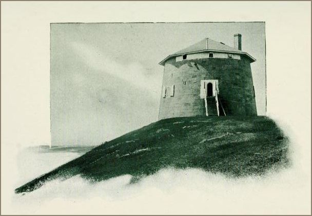 Image of a round stone tower with a onical roof and elevated doorway, set on a grassy hill.