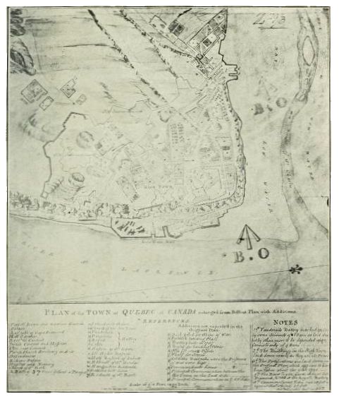A historical map showing Quebec's fortified town layout, with labeled streets, buildings and surrounding river.