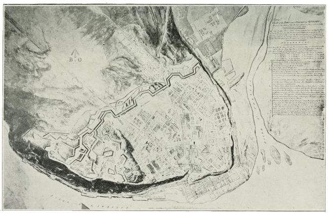 A historical map depicting a fortified city with bastioned walls, streets, and surrounding river and mountains.