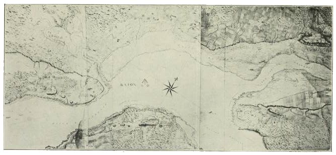 A hand-drawn map depicting a river basin with surrounding hills, forests and a compass rose labeled "BASON."